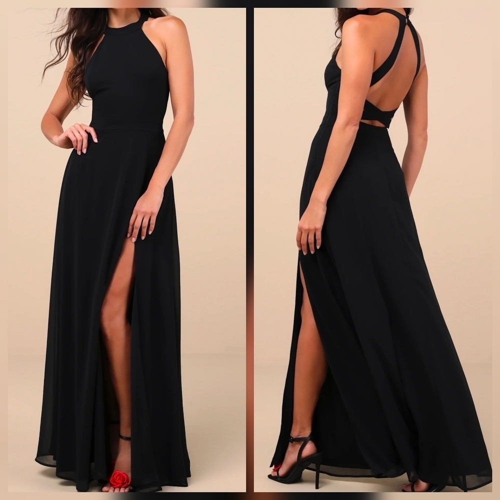 Lulus Confidently Charismatic Black Strappy Backless Halter Maxi Dress, Small